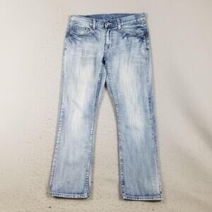 Flypaper Jeans Mens 34x32 Blue Light Wash Straight Leg Embroidered Distressed